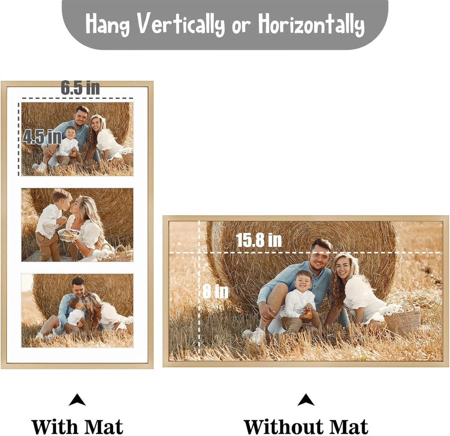 Frametory - 8.5x16.3 Aluminum Collage Picture Frame - Display 5x7 Pictures with 3 Openings Mat - Real Glass Front - Horizontal/Vertical Wall Mount - Gold 1 Pack