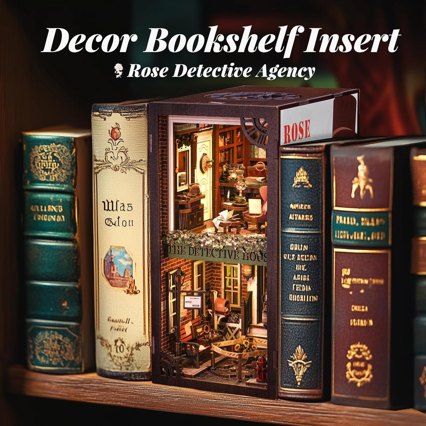 Cutefun Book Nook Kit, DIY Miniature Dollhouse Booknook for Adults, 3D Wooden Puzzle Bookend Bookshelf Insert Decor with LED Light, Gift for Craft Lovers (Rose Detective Agency)
