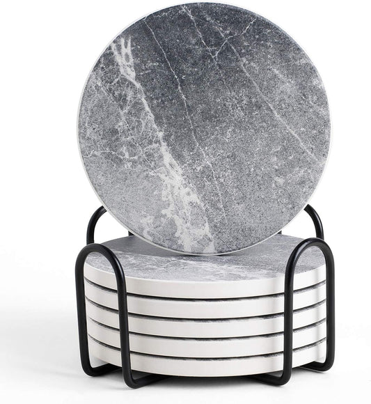 LIFVER Coasters for Drinks Absorbent, Living Room Decor, Ceramic Coasters Set of 6 with Cork Base, Protect Wooden Table or Furniture from Scratched, Drink Coasters with Holder - Grey