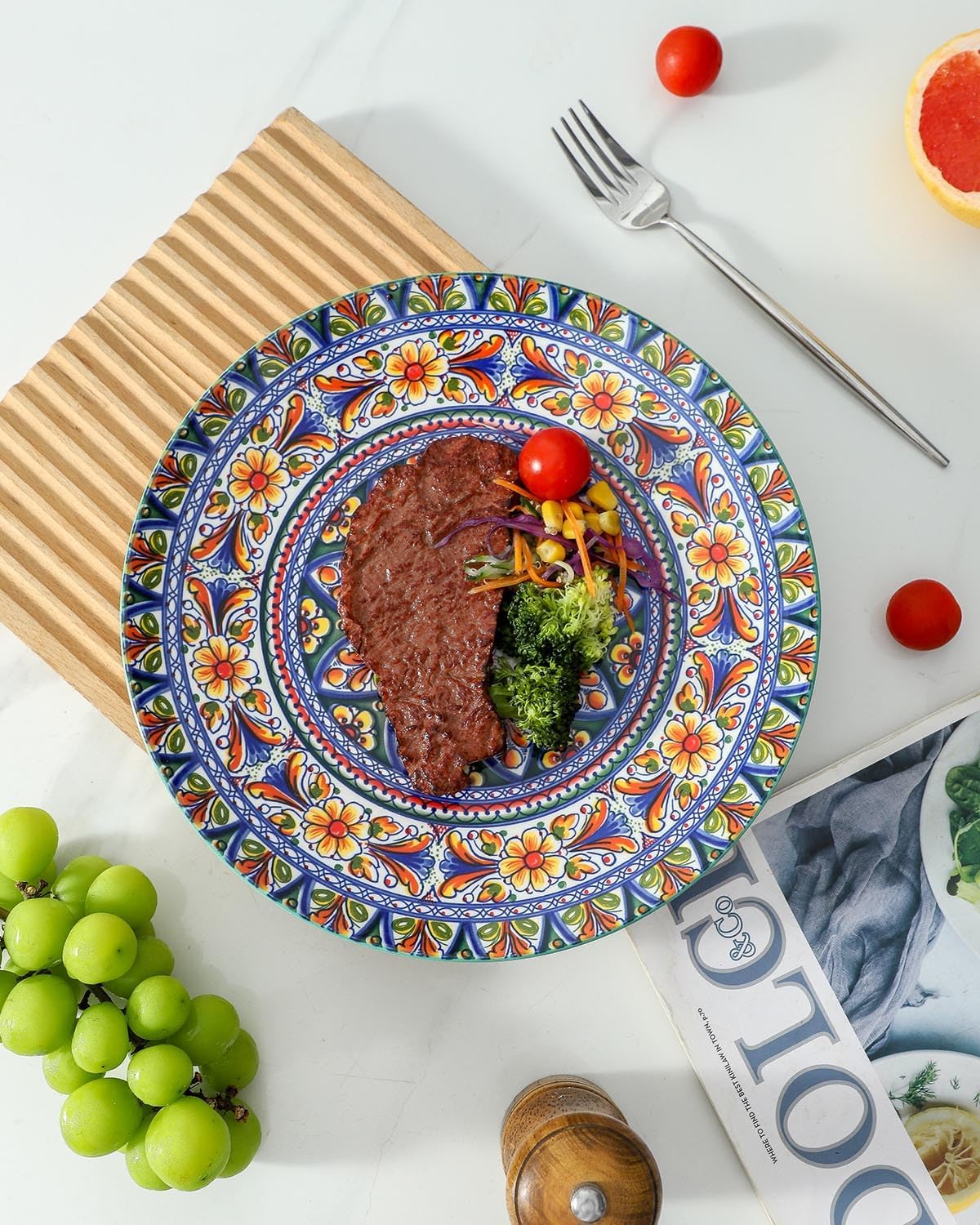 glowworm Dinner Plates, 10.5 Inch Ceramic Plates Set of 6 for Steak, Snacks, Pizza, Cake, Colorful Serving Dishes for Kitchen, Housewarming Gift, Microwave, Oven & Dishwasher Safe, Bohemian