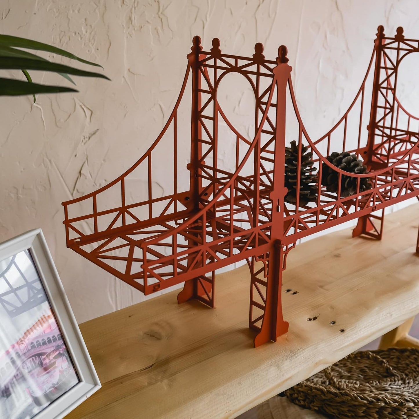 Metal Bridge Shelf – Iron Floating Shelf for Wall or Desk Use – Decorative Storage Rack for Books, Plants & Home Decor – Wall-Mounted or Tabletop Display (Manhattan Red)