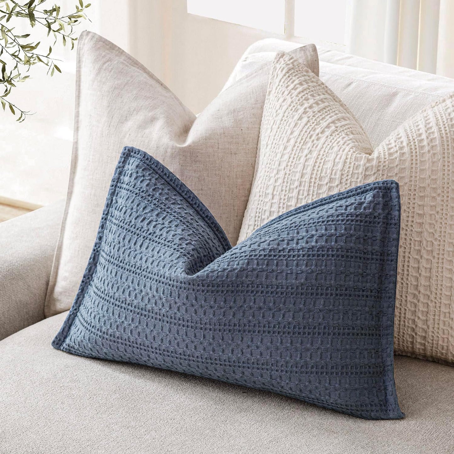 Foindtower Set of 2 Decorative Cotton Waffle Weave Lumbar Throw Pillow Covers Euro Shams Cushion Covers Accent European Pillowcase for Bed Couch Bedroom Living Room Home Decor 12×20 Inch Blue