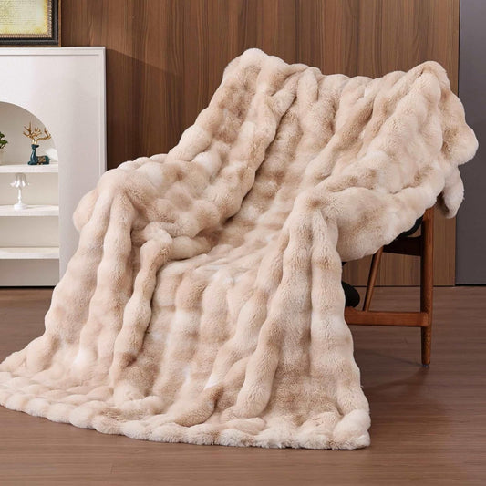 Faux Fur Throw Blanket Yellow Fluffy Bubble Furry Throw Blanket 50x60 for Sofa Couch Bedroom Fuzzy Soft Cozy Thick Khaki Tie-dye