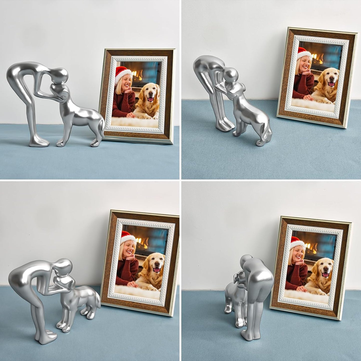 Cute Pet Sculpture Home Decor Man and Dog Statue Decoration for Office、Living Room、Bedroom、Home， Memory Gifts for Dog Lovers (Silver)