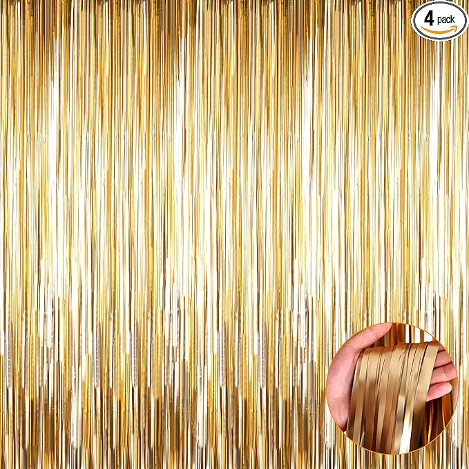 4 Pack Champagne Gold Foil Fringe Curtain Backdrop, 3.3Ft x 9.8Ft Metallic Tinsel Foil Streamers Curtains for Photo Booth, Wedding, Thanksgiving, Birthday, Christmas, Halloween Party Decoration