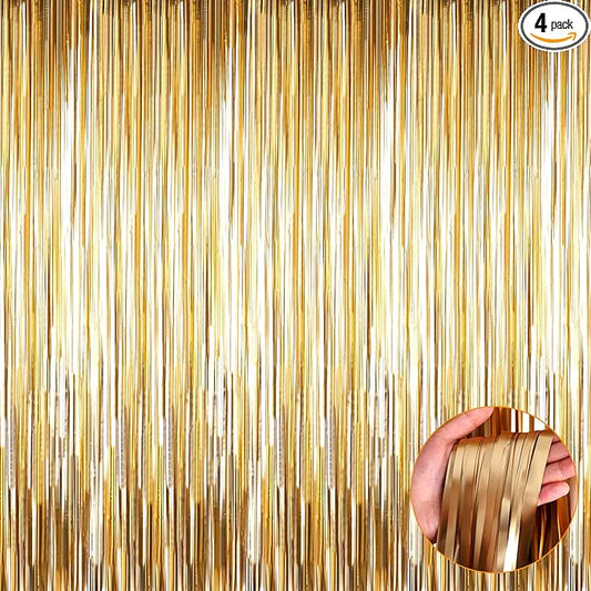 4 Pack Champagne Gold Foil Fringe Curtain Backdrop, 3.3Ft x 9.8Ft Metallic Tinsel Foil Streamers Curtains for Photo Booth, Wedding, Thanksgiving, Birthday, Christmas, Halloween Party Decoration