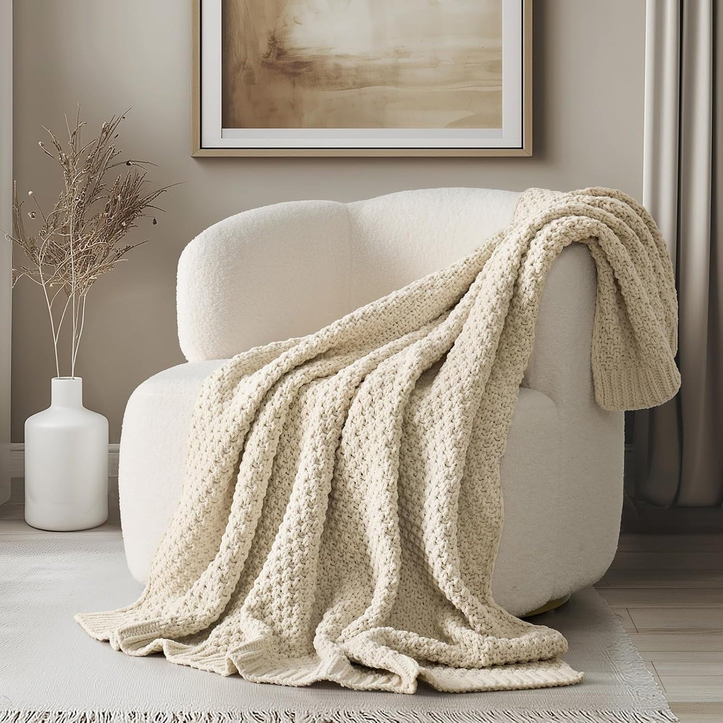 EVERGRACEHOME Chunky Chenille Knit Throw Blanket for Couch, Soft Luxurious Moss Stitch Blankets for Bed, Cozy Decorative Farmhouse Knitted Throws for Sofa, Beige, 60" x 80"