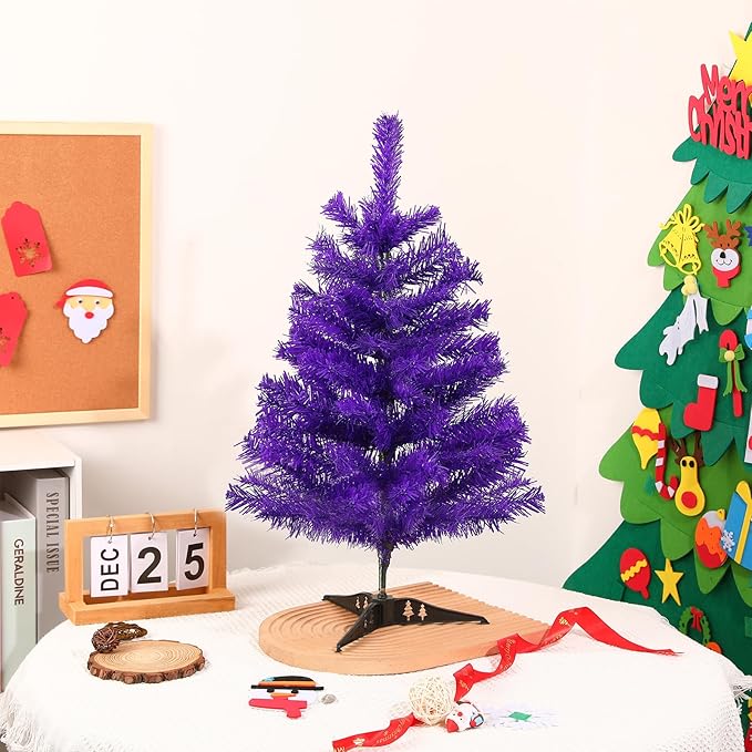 2FT Artificial Christmas Tree Purple Tabletop Christmas Tree with Plastic Stand Mini Xmas Pine Tree for Party Supplies Indoor Outdoor Holiday Home Decoration(Purple)