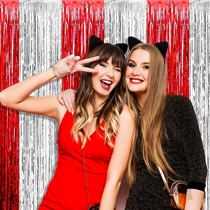 4 Pack Silver Red Foil Fringe Curtain Backdrop, 3.28Ft x 9.8Ft Metallic Tinsel Foil Fringe Streamers Curtains for Photo Booth, Wedding, Circus Welcome Carnival Birthday Party Decoration