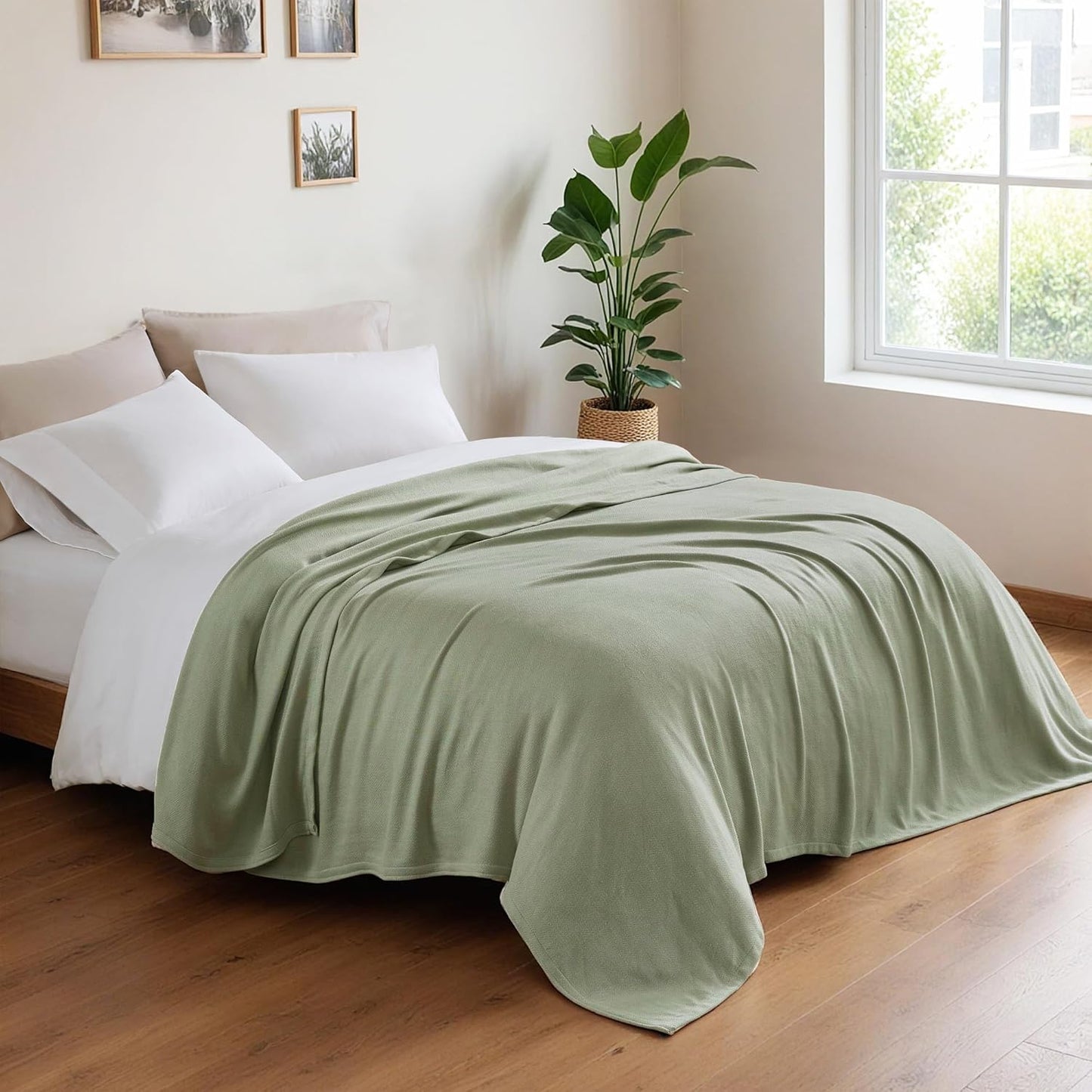 King Size Blanket, 70% Rayon (Derived from Bamboo) and 30% Cotton, Lightweight Jacquard Weave, Breathable and Soft Summer Blanket for Bed or Couch, 108” x 90”, Sage Green
