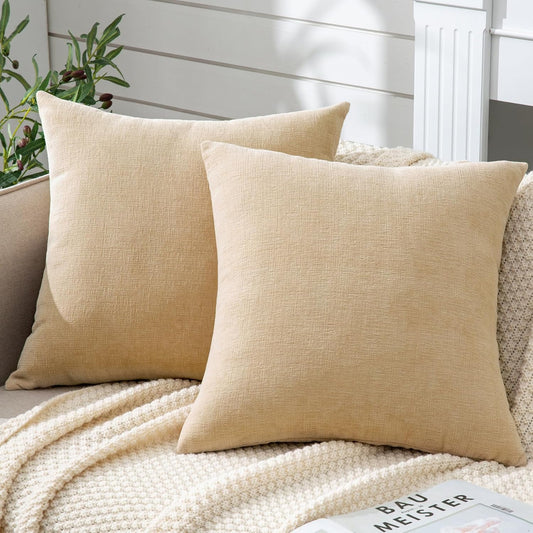 GAWAMAY Decorative Throw Pillow Covers 16x16 Inch Set of 2, Super Soft Chenille Square Pillows Farmhouse Fall Pillowcase for Living Room Bedroom Sofa Couch Cushion Cover Beige 40x40cm (No Insert)