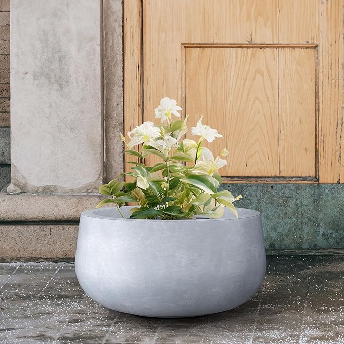 Kante 15.7" Dia Round Concrete Planter, Outdoor Indoor Garden Plant Pots with Drainage Hole and Rubber Plug, Modern Curvaceous Design, Slate Gray