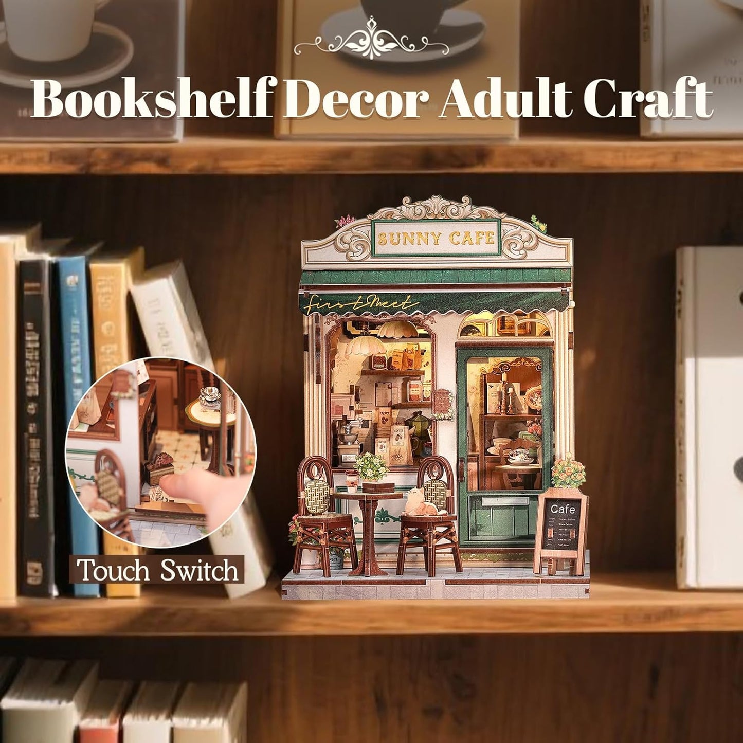 Fsolis Book Nook Kit - DIY Scene Miniature Dollhouse Kit for Adults Bookshelf Puzzle Tiny House Mini Craft Coffee Shop Model Bookshelf Decor Gifts for Women Book Lovers Puzzle Beginners (Sunny Cafe)