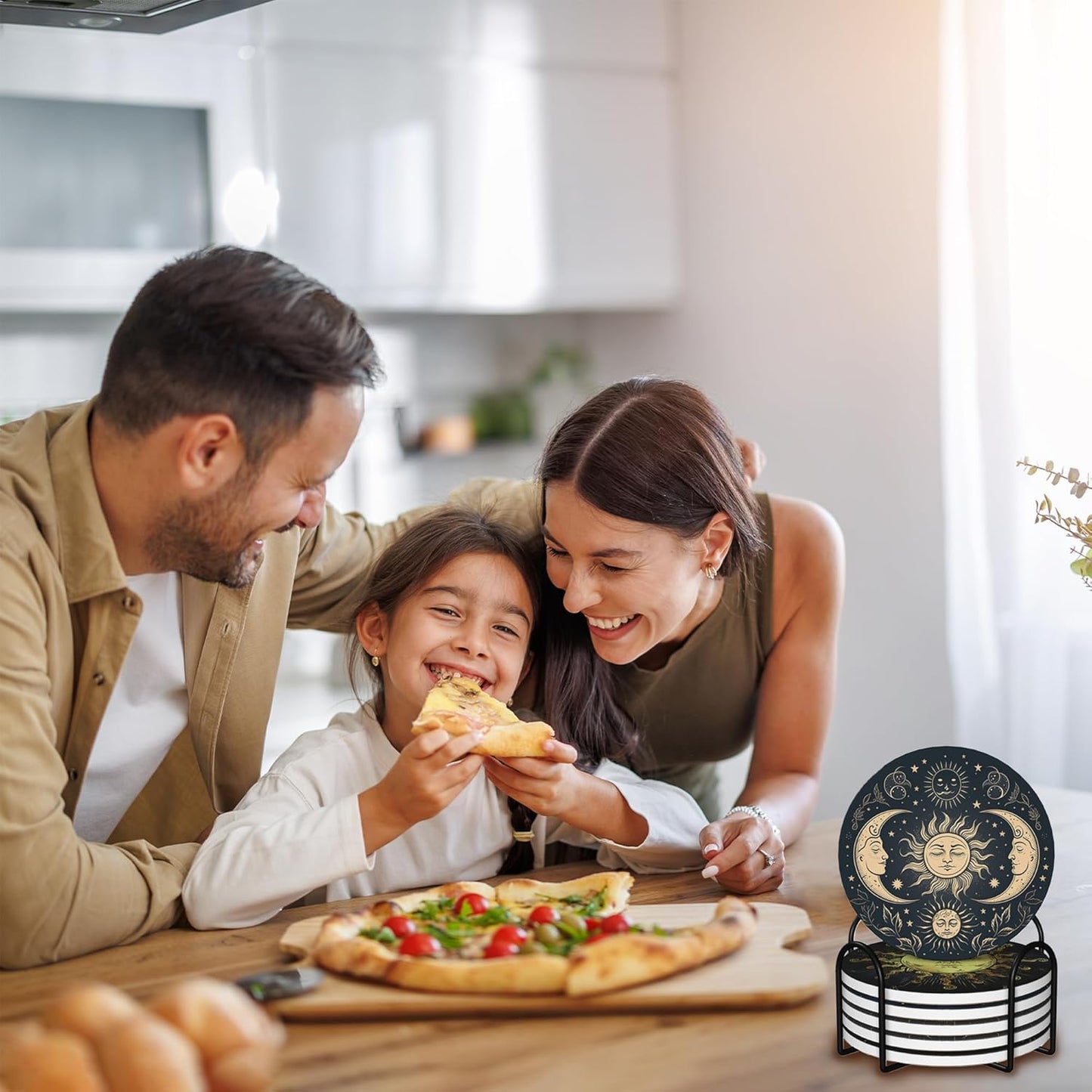 Drink Coasters for Drinks Set of 6,Golden Sun and Moon Absorbent Round Ceramic Stone Mat Coaster,with Cork Base and Metal Holder, Home Bar Decor House Warming Gift