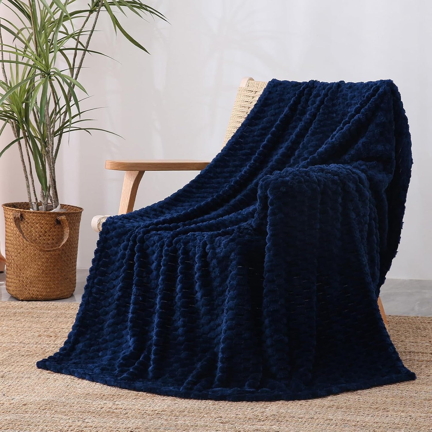 Blue Throw Blanket 50"×60" inches Gifts for Mom Fuzzy 3D Jacquard Decorative Flannel Fleece Super Soft Plush Cozy Blanket for Couch Sofa Chair Lightweight