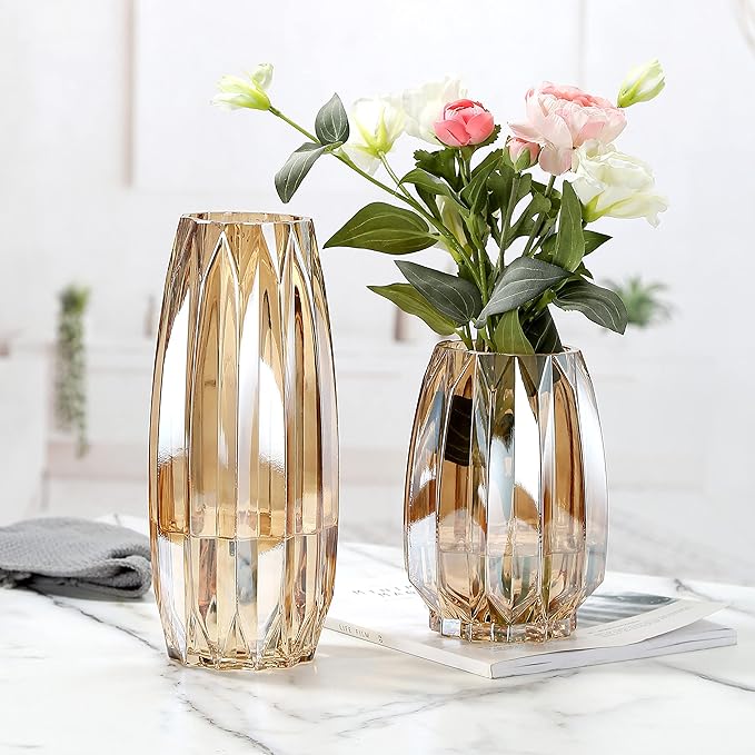 Amber Glass Vase Modern Ribbed Glass Vase for Flowers, Candles, and Decorative Accents - Tall/Short Glass Vase for Centerpieces Home Table Decor(Amber H7.87inch)
