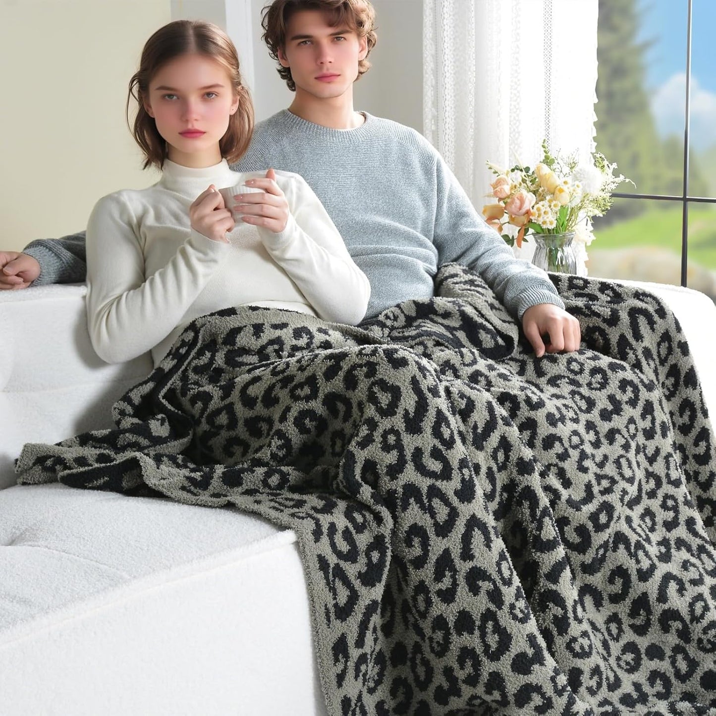 Leopard Knit Throw Soft Cozy Lightweight Blanket for Bed Sofa Couch Breathable Warm Cheetah Blanket Leopard Black 50x60 Inches