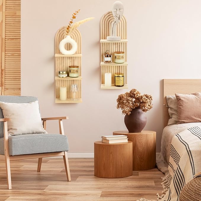 Geetery 2 Pcs Arch Wood Floating Shelf Mid Century Rainbow Wall Shelves Modern Boho Wall Shelf Retro Mounted Wood Arch Decor for Bedroom Living Room Classroom Bathroom Display(3 Tier)