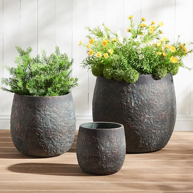 Wallowa Large Outdoor Planter, 17.32"+12.99"+9.06" Dia Round Weathered Concrete Planter Set of 3, Flower Pots with Drainage Holes, Sealing Plug for Garden, Patio, Home, Office, Greenish Bronze Rust