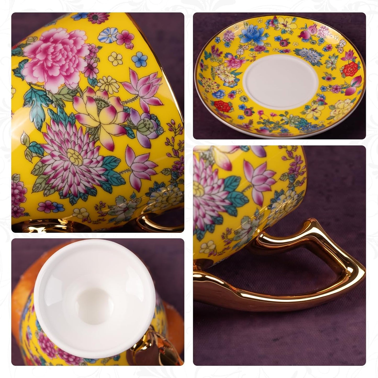 KAMMAK Tea Cups and Saucers Set of 2, Porcelain Coffee Cups with Saucer for Espresso, Cappuccino, 7oz Vintage Yellow Floral Ceramic Demitasse Mug for Home, Tea Party, Office