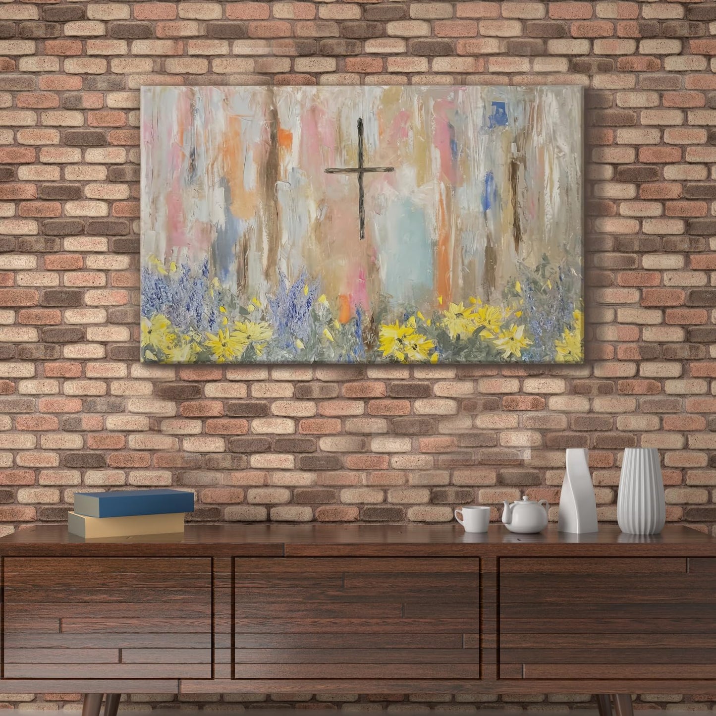 Framed Cross Flower Wall Art Christian Floral Oil Painting Canvas Prints Abstract Religious Posters Church Graffiti Pictures Wall Decor Ready To Hang (12x16in Framed)