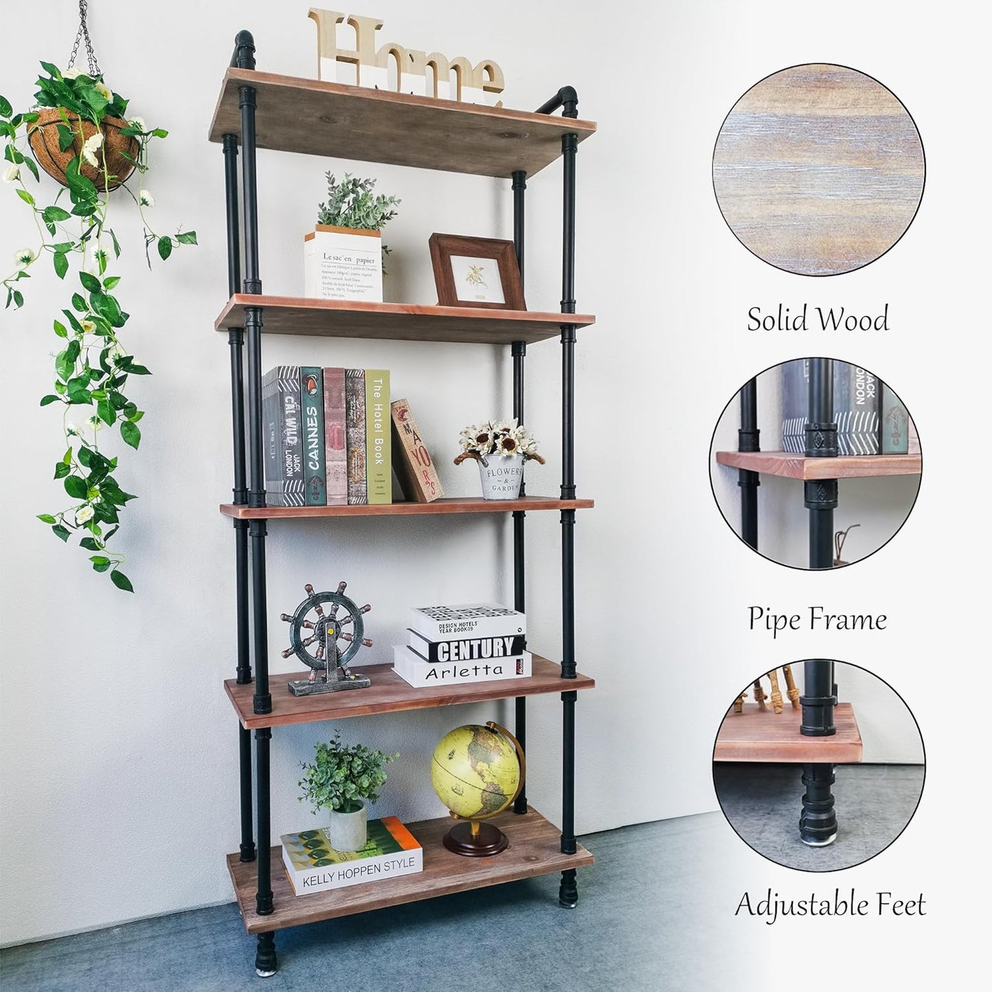 Industrial Bookshelves, Wood Pipe Bookshelf, 5 Shelf Rustic Display Storage Tall Standing Shelf Bookcase for Living Room, Kitchen, Office (Weathered Brown, 29.5" L x 11.8" W x 70" H)