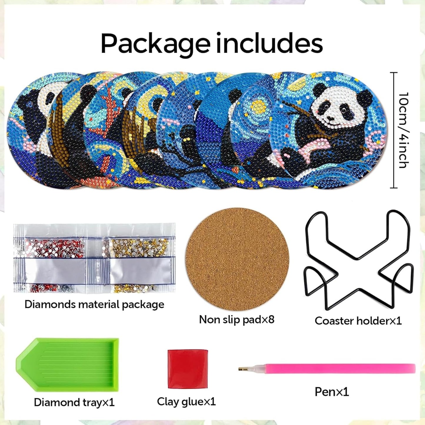 Leatrice 8 Pcs Panda Diamond Art Coasters Set of 8, Small Diamond Painting Kits for Adults Beginners Women, Gem Art Coasters with Holder, Funny Arts Supplies for Home Decor