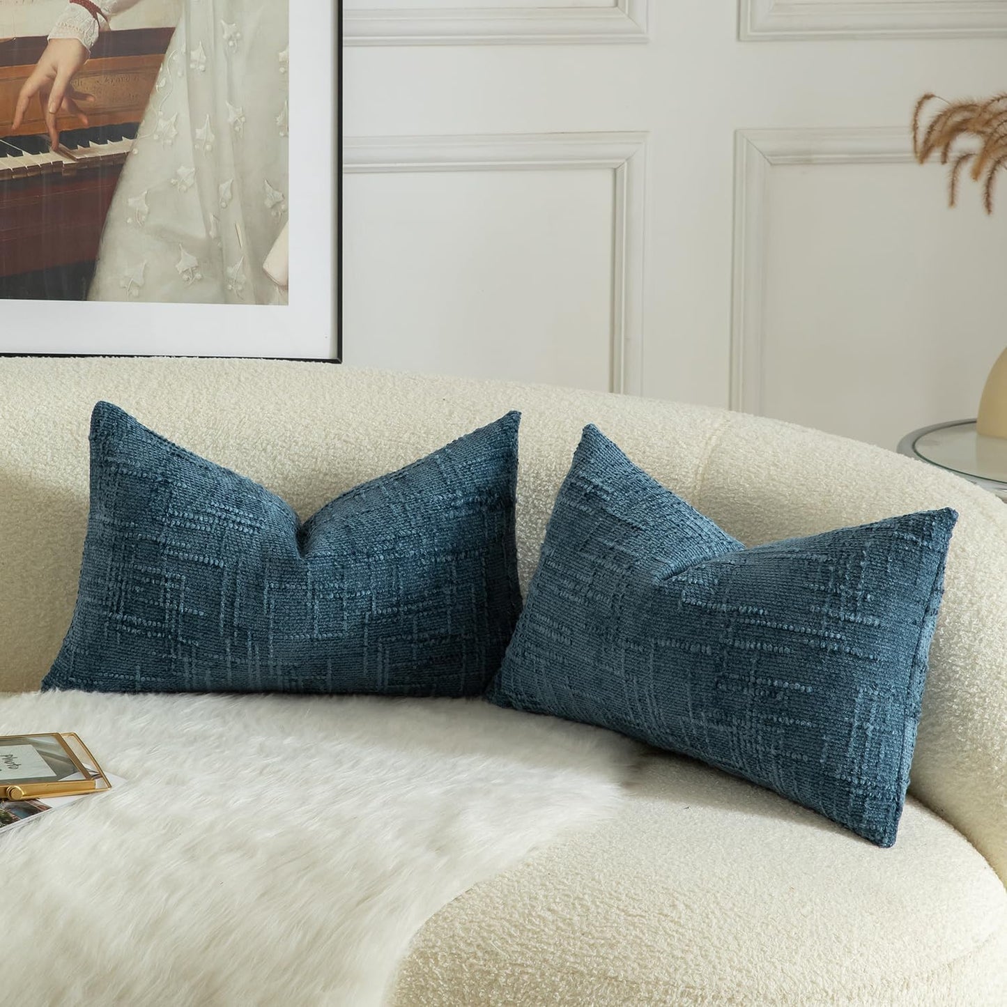 MANDIOO Pack of 2 Soft Chenille Textured Throw Pillow Covers Lumbar Accent Solid Decorative Cushion Cover Cozy Farmhouse Pillow Case for Couch Sofa Bed Living Room 12x20 Inch Navy Blue