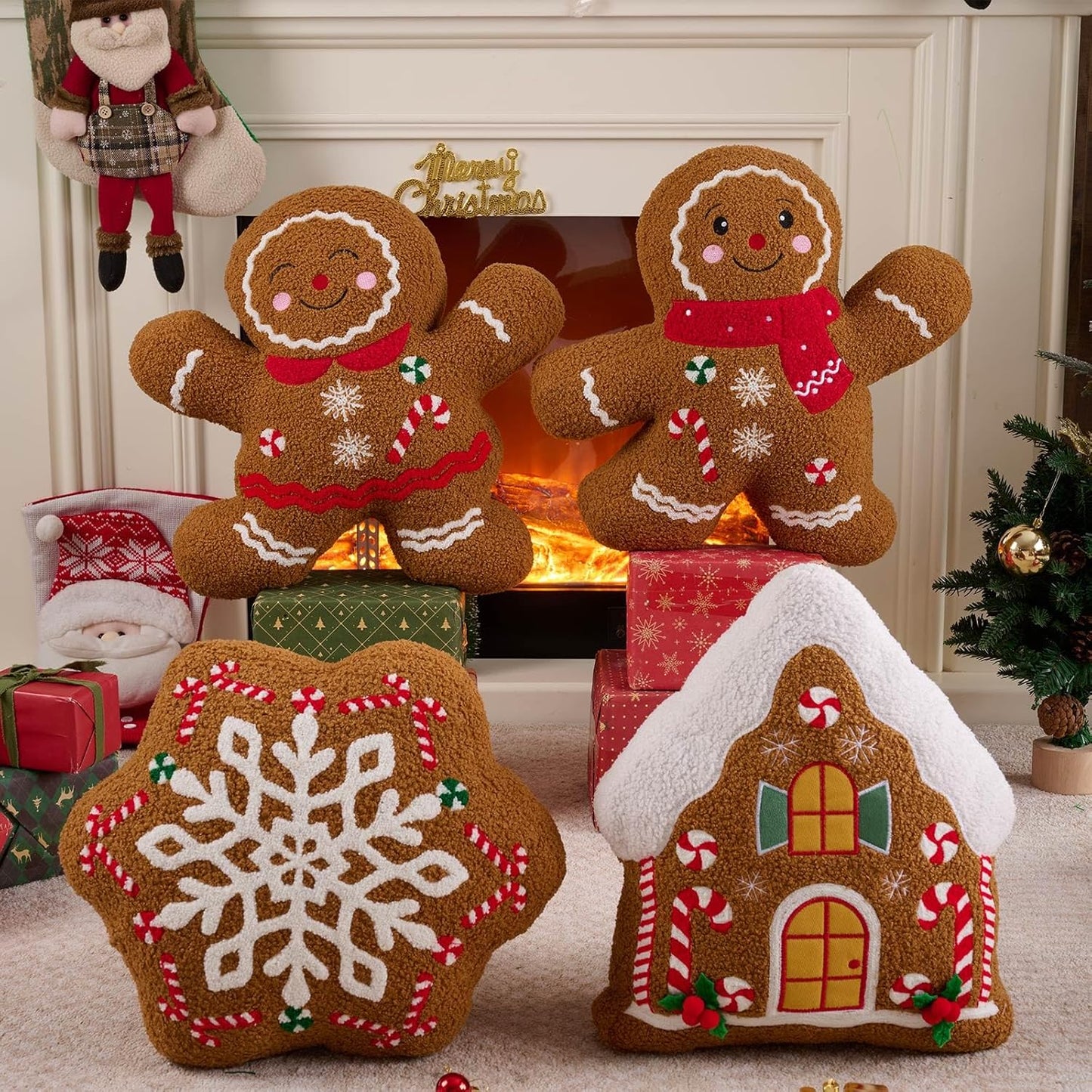 Lanpn Christmas Gingerbread Boy Pillow, Christmas Decoration Winter Throw Pillows Soft Fleece Sherpa Cute 3D Shaped Ginger Bread Man Throw Cushion for Sofa Bedroom Xmas Decor (18x18 inch)