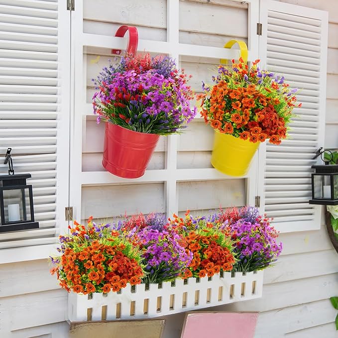 Zeyune 64 Bundles Faux Flowers Outdoors UV Resistant Artificial Plastic Flowers Plants Fake Realistic Eucalyptus Violet Lavender Plant Wildflower Bulk for Outside Yard Home Patio Garden Decor(Vivid)