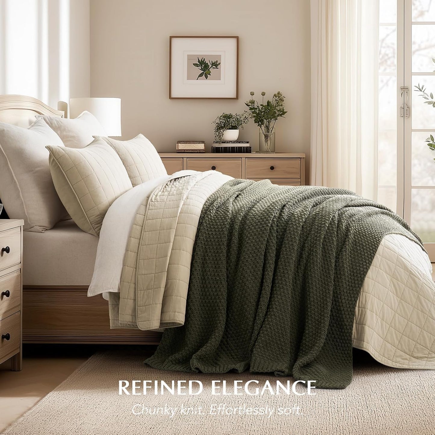 EVERGRACEHOME Chunky Chenille Knit Throw Blanket for Couch, Soft Luxurious Oversized King Moss Stitch Blanket for Bed, Large Cozy Farmhouse Knitted Throw for Sofa, Olive Green, 92" x 108"