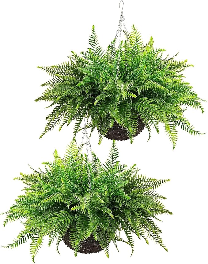 QIANYUN Fake Fern Outdoor Artificial Plants-2-Pack Artificial Outdoor Hanging Fern Faux Greenery UV Resistant Plastic Plants for Front Porch Living Room Garden Decor- Including Hanging Planters