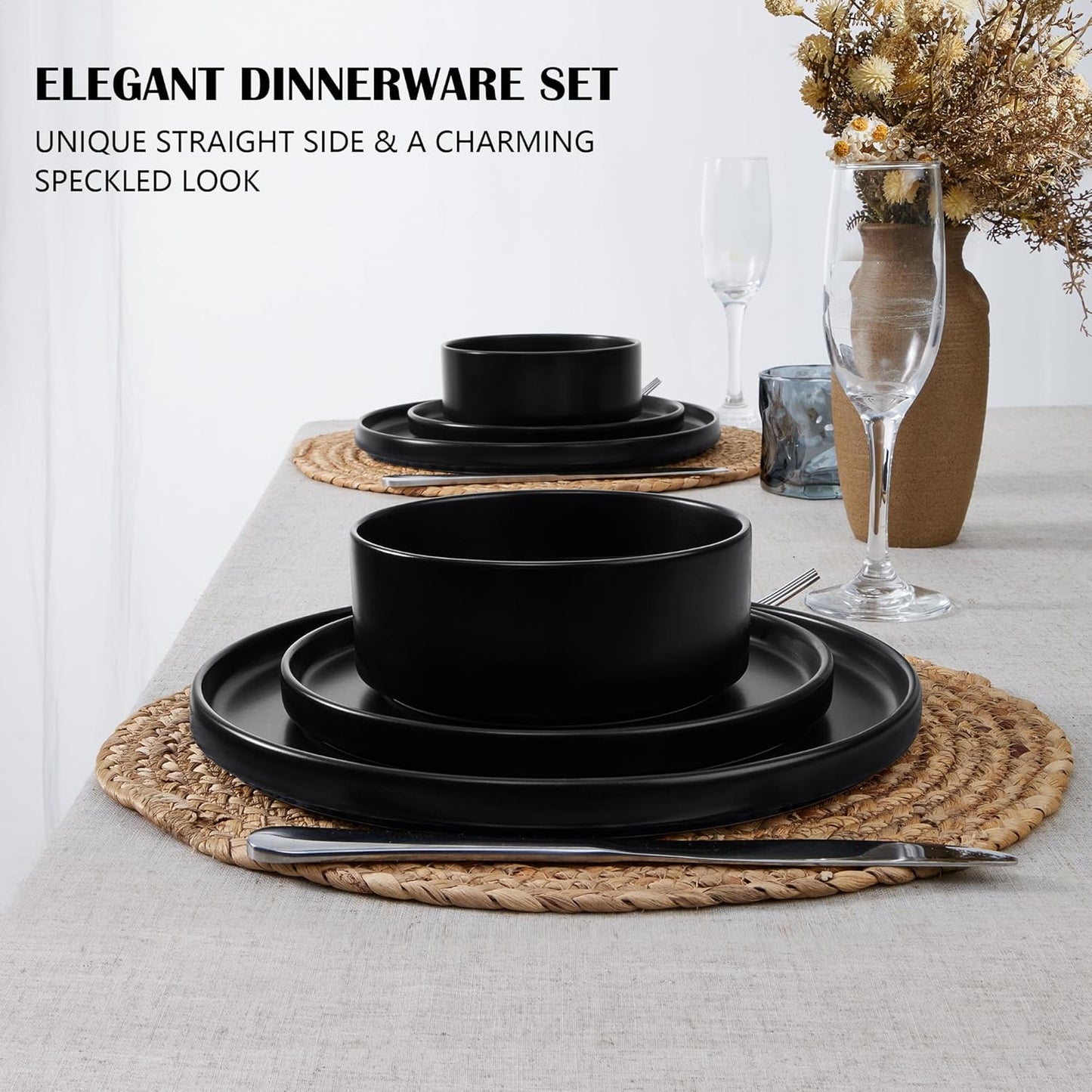 E-far Black Dinnerware Sets for 6, 18-Piece Stoneware Plates and Bowls Dish Set, Modern Kitchen Dinning Dishware, Chip and Scratch Resistant, Microwave & Dishwasher Safe, Matte Black