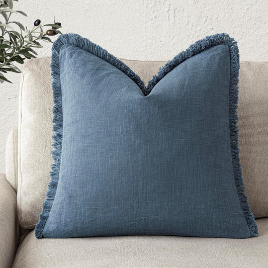 Foindtower Decorative Linen Fringe Throw Pillow Covers Boho Farmhouse Cushion Cover with Tassels Soft Accent Pillowcase for Chair Sofa Bed Living Room Home Decor, 26×26 Inch,1PC,Dark Blue