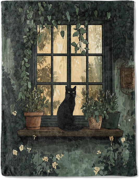 Black Cat and Window Flannel Blanket - Lightweight Soft Cozy Unique Gifts Blankets for Kitten Lovers,Kids,Adult,Women,Vintage Botanical Cottage Throw,Home Room Modern Decor 50x60in