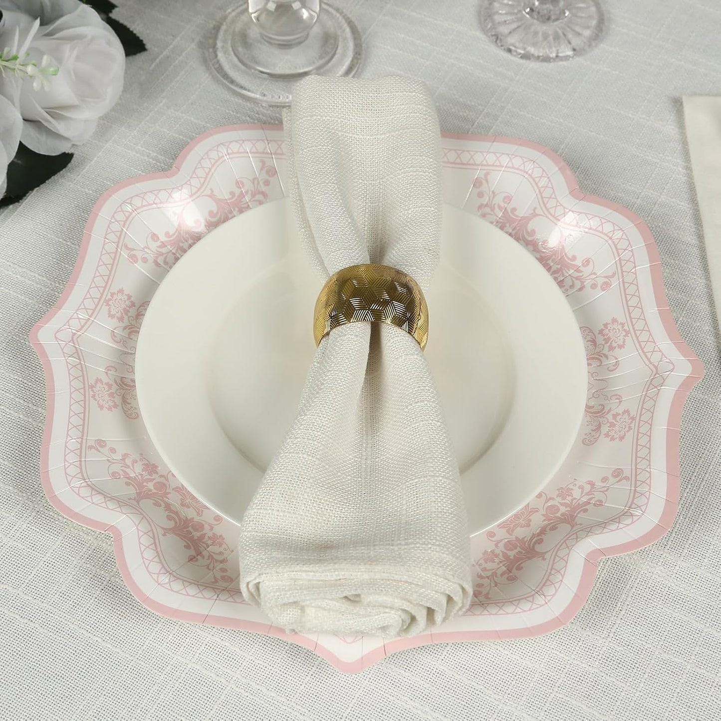 Efavormart 25 Pack White Pink Paper Dinner Plates in Damask Floral Pattern, 10" Disposable Party Plates with Scalloped Rims - 300 GSM