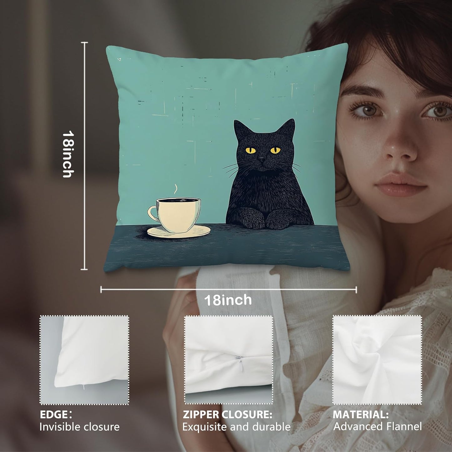 Black Cat Pillow Covers 18x18，Cat Lovers Mom Grandma Gifts for Mother's Day, Black Cats with a Cup Pillow Covers for Home Bedroom Living Room Office Decor