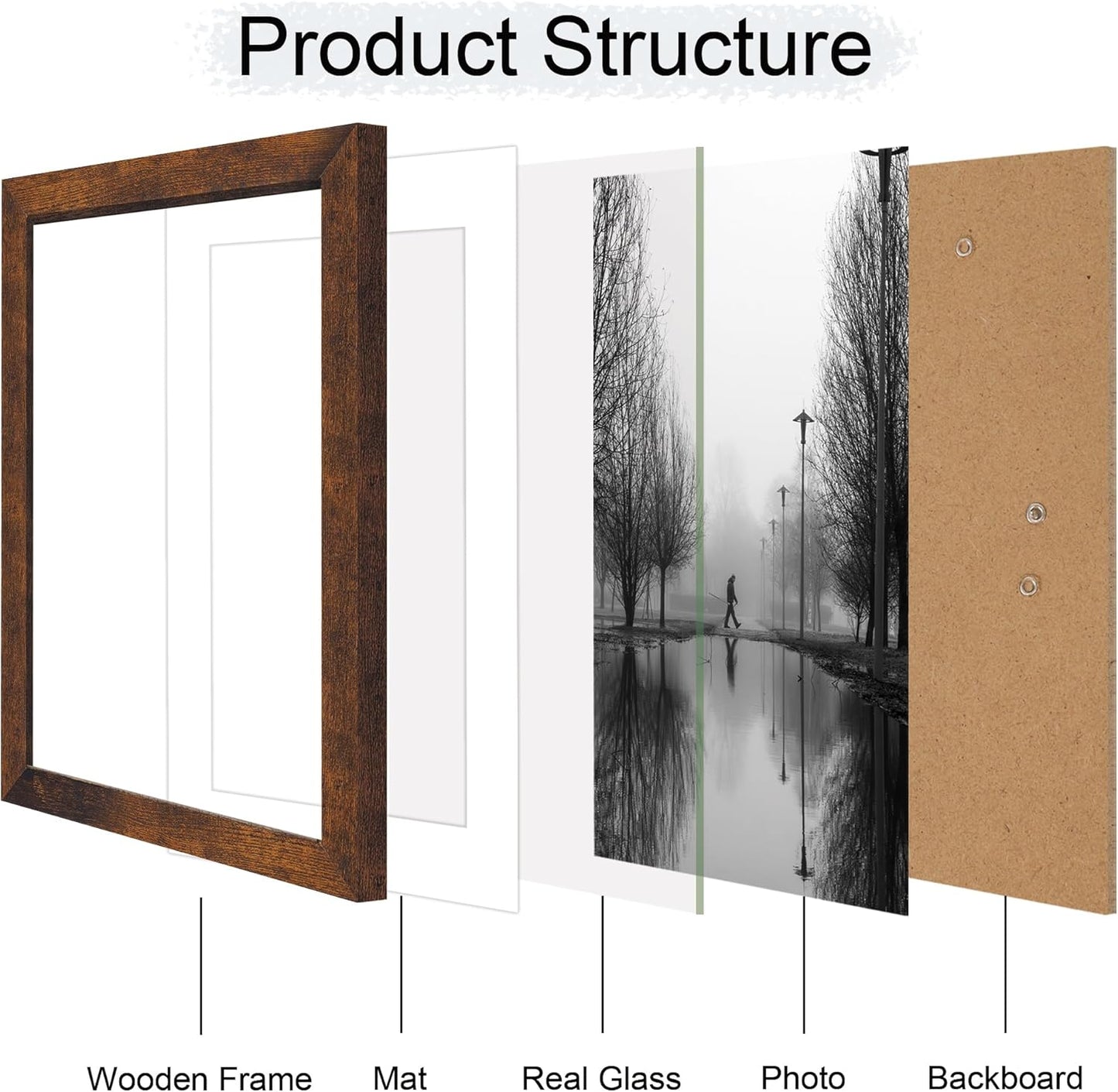 iRahmen 10x14 Picture Frame Set of 4 with Tempered Glass, Rustic Frame Display 8x12 Pictures with Mat or 10 x 14 Without Mat, Wooden Photo Frames for Wall Mounting