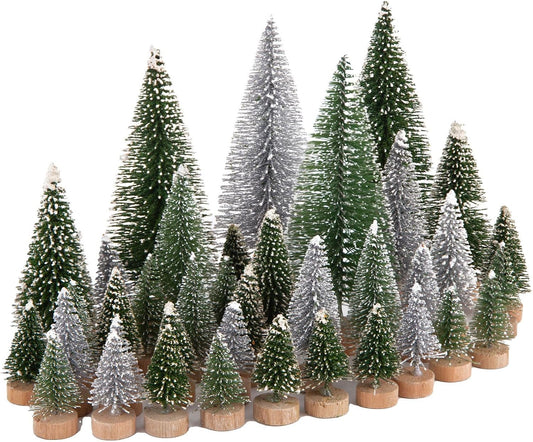 LOVEINUSA 45PCS Colorful Mini Christmas Trees, Snow Frosted Sisal Trees Colored Bottle Brush Xmas Trees with Wooden Base for Xmas Winter Home Table Decoration