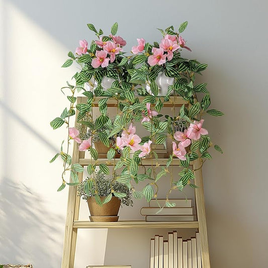 2PCS Artificial Hanging Plant with Pot Faux Hanging Plants Small Hanging Plants Pot with Artificial Vines and Flower Greenery Decoration for Living Room Wall Home Wall Shelf (Stripe Pink)