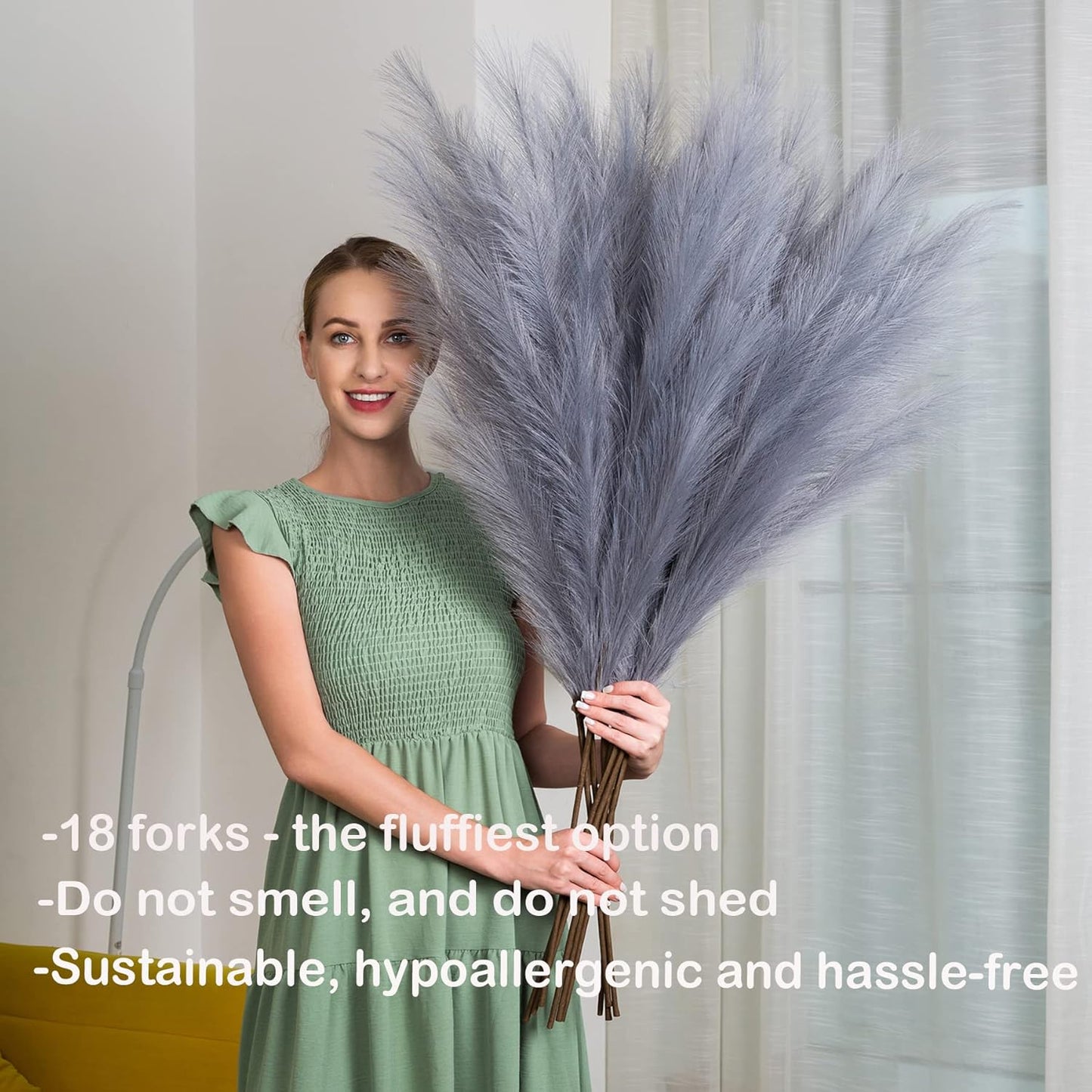 Faux Pampas Grass 6 Stems, Artificial Pampas Grass - 43''/3.6FT Total Extra Large Pompass Grass Tall Pompous Boho Flower Arrangement and Floor Vase Filler Home Decor for Room Wedding Party (Grey)