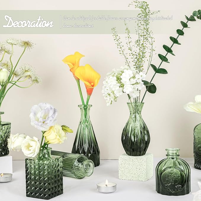Glass Bud Vase Set of 24, Small Green Flower Vases for Centerpieces in Bulk, Mini Vintage Vase for Wedding Decor, and Home Table Décor