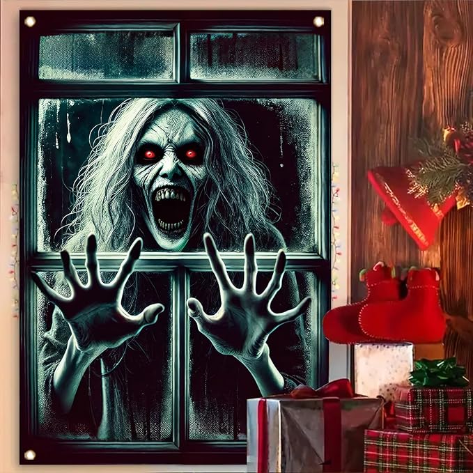 Window Cover Halloween 47x31 Inch Scary Red Eye Screaming Ghost Banner Creepy Horror Decoration for Haunted House Outdoor Indoor Poster Window Prop Decor