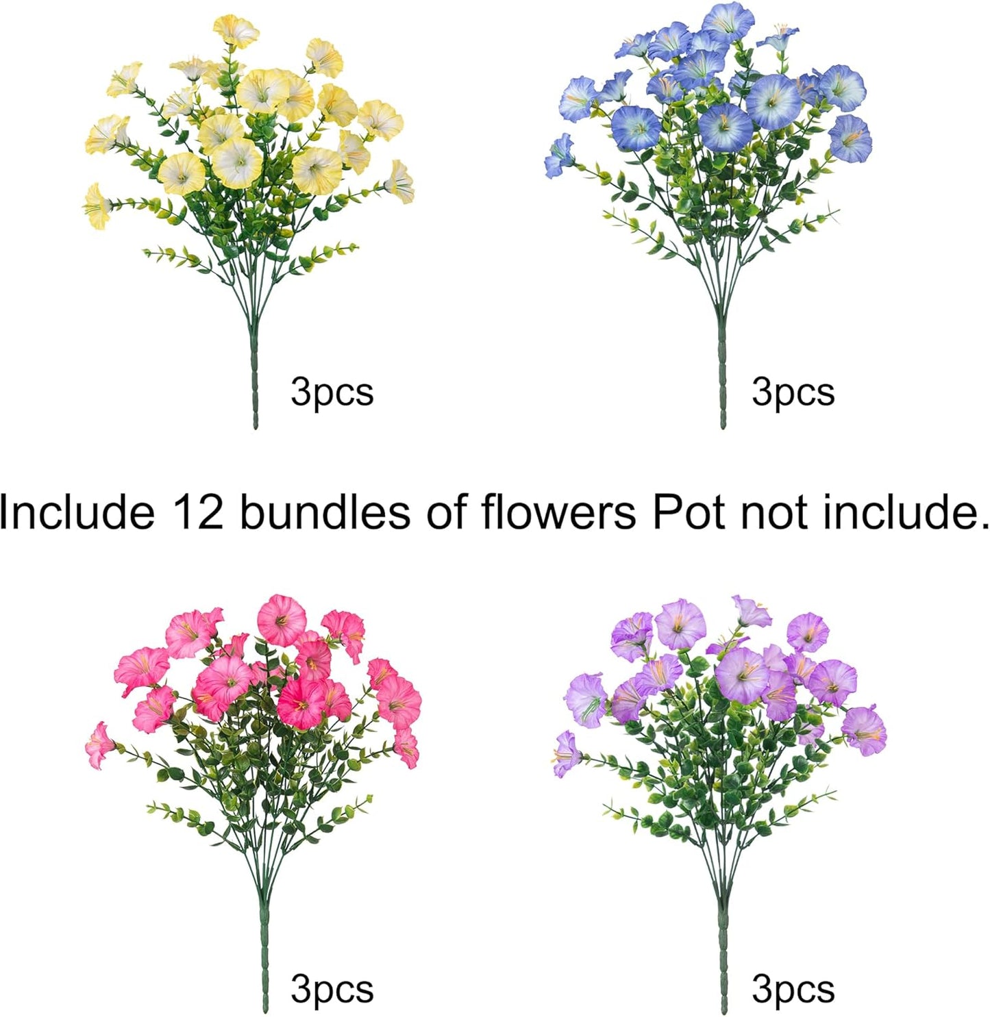 HyeFlora Artificial Flowers for Outdoors Fake Plants Outside Decoration, 12 Bundles Silk Colorful Morning Glory with Eucalyptus UV Resistant Realistic Faux Flowers for Planter Porch Patio Yard Indoor