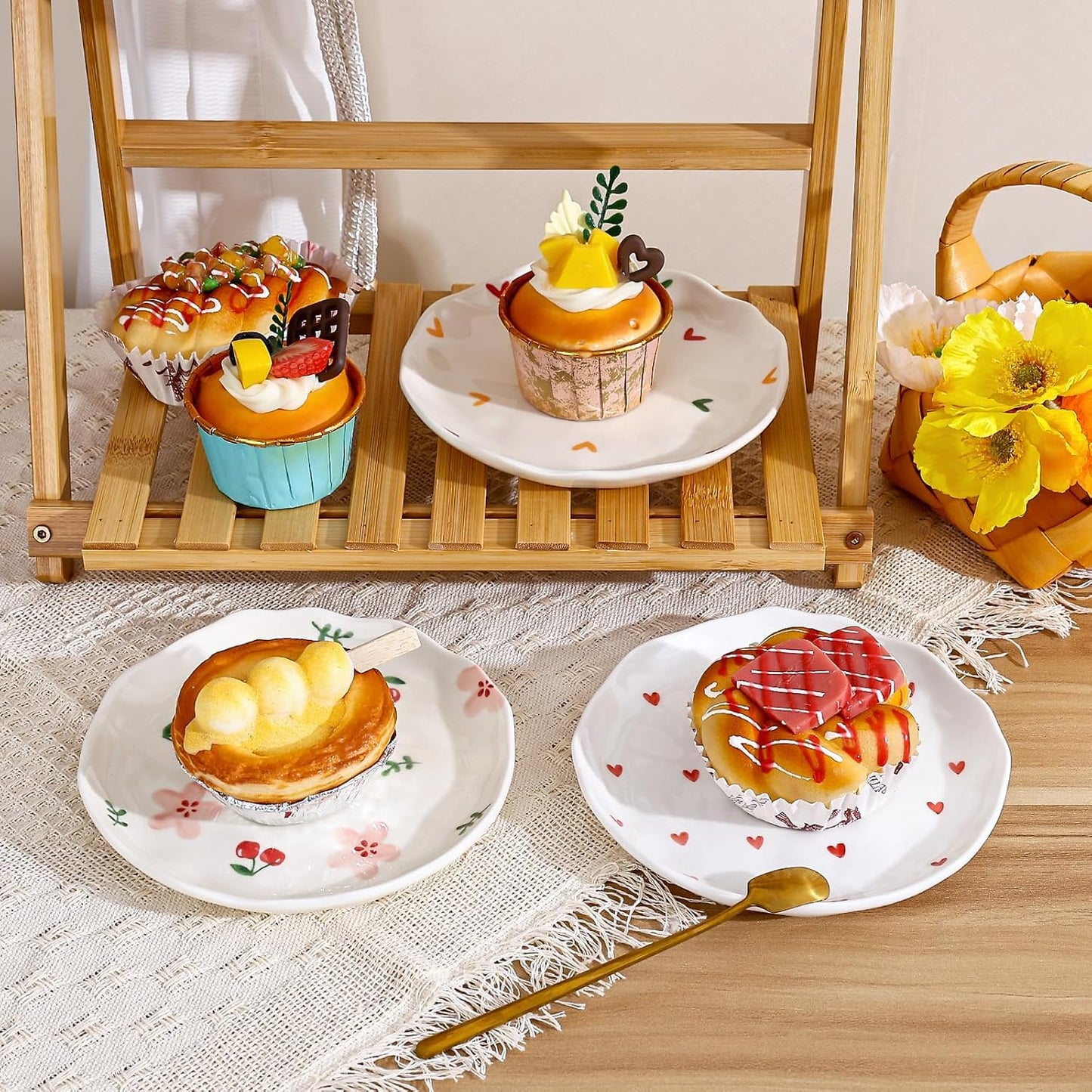 Koythin Ceramic Dessert Plates, Cute Fruits Dinner Plate, Creative Plates Design, Printed Flowers Dinnerware for Office and Home, Kitchen Plates for Desserts (Pink Small Bow)