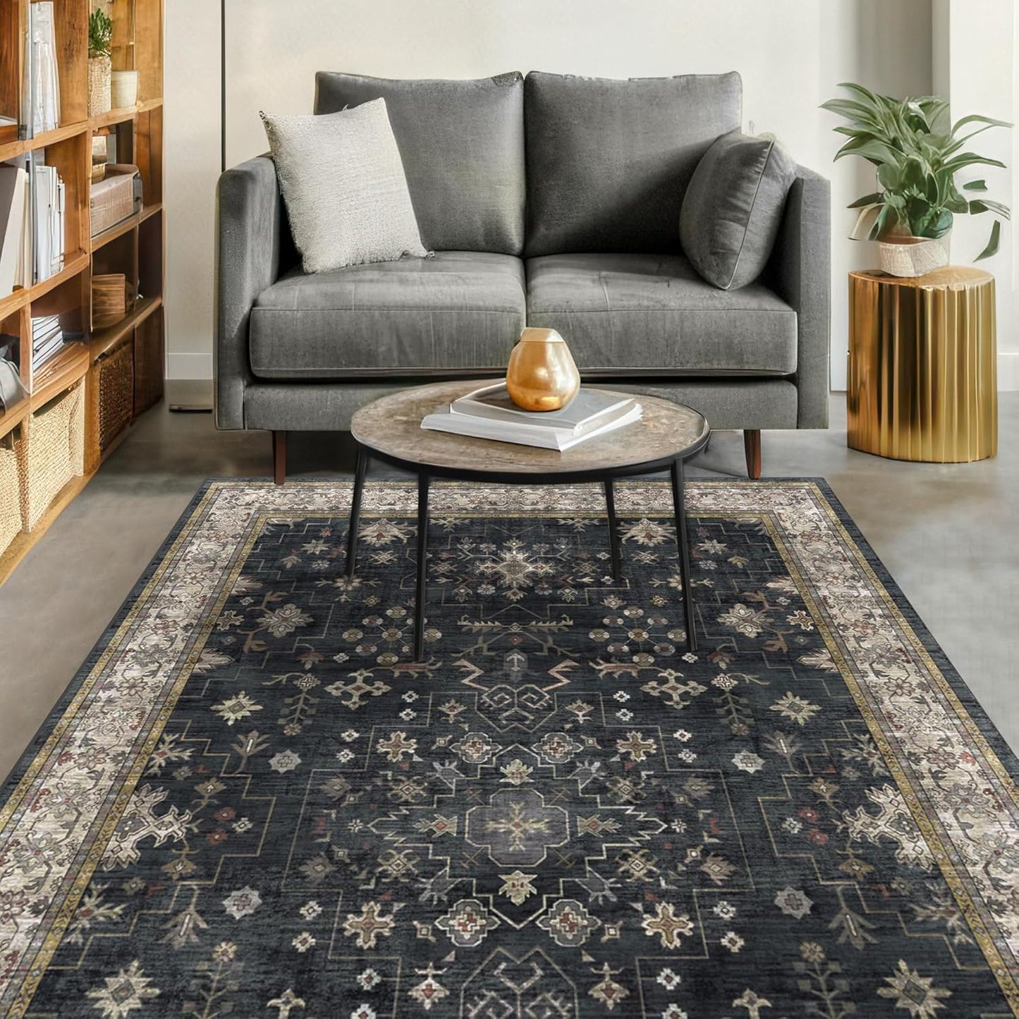 Black Farmhouse Washable 7x10 Area Rugs for Living Room, Bedroom, Dining Room Table, Dark Charcoal Stain Resistant Non-Slip Large Washable