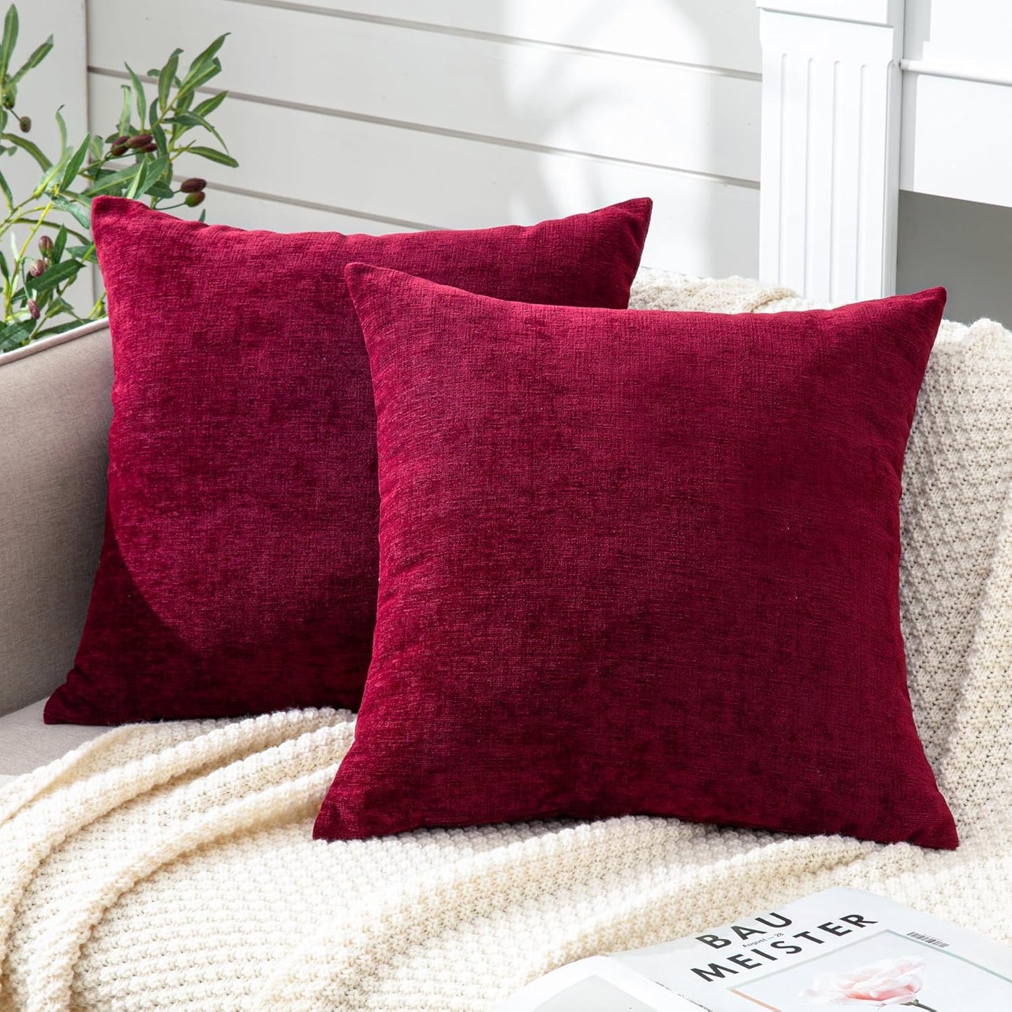GAWAMAY Decorative Chenille Throw Pillow Covers 26x26 Inch Pack of 2, Soft Square Couch Pillow Cover for Sofa Cushion Living Room Bedroom Oversized Pillowcases Burgundy Red 66x66cm (ONLY Covers)