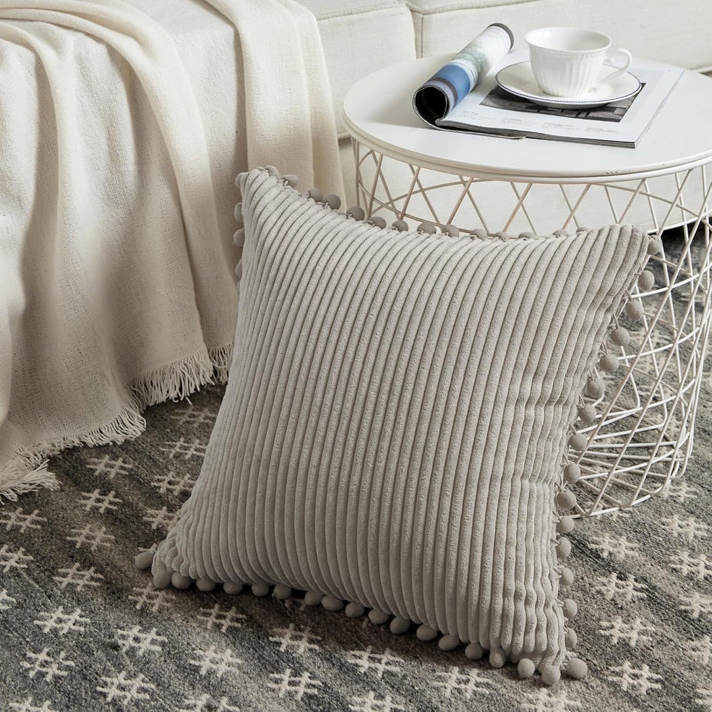 Fancy Homi 2 Packs Neutral Taupe Decorative Throw Pillow Covers 20x20 Inch with Pom-poms for Couch Bed Sofa, Aesthetic Modern Organic Farmhouse Boho Home Decor, Soft Corduroy Cute Accent Cushion Case