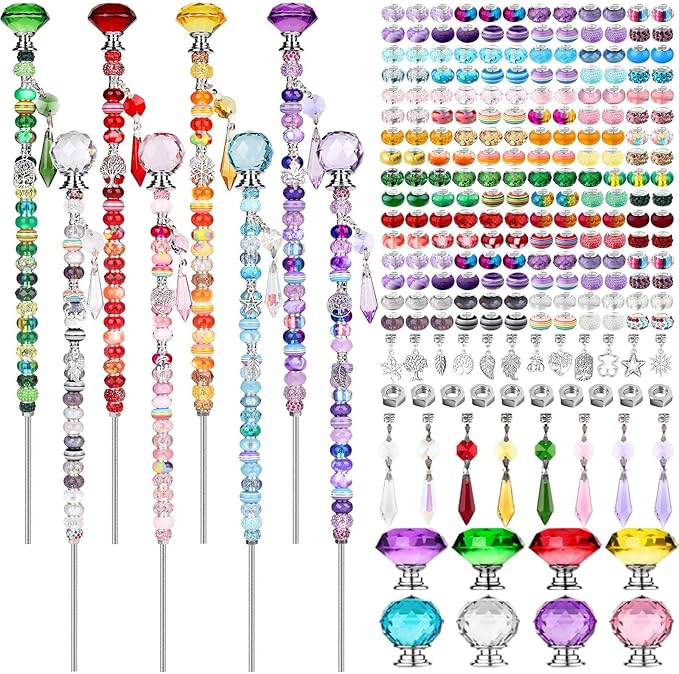 UFU 238Pcs DIY Fairy Wand Beaded Garden Stakes Kit, Fairy Wands Kit with Sparkling Crystal Pendants, Suitable for Different Holidays Garden Stakes Decorative Outdoor Beadable Items(12IN)