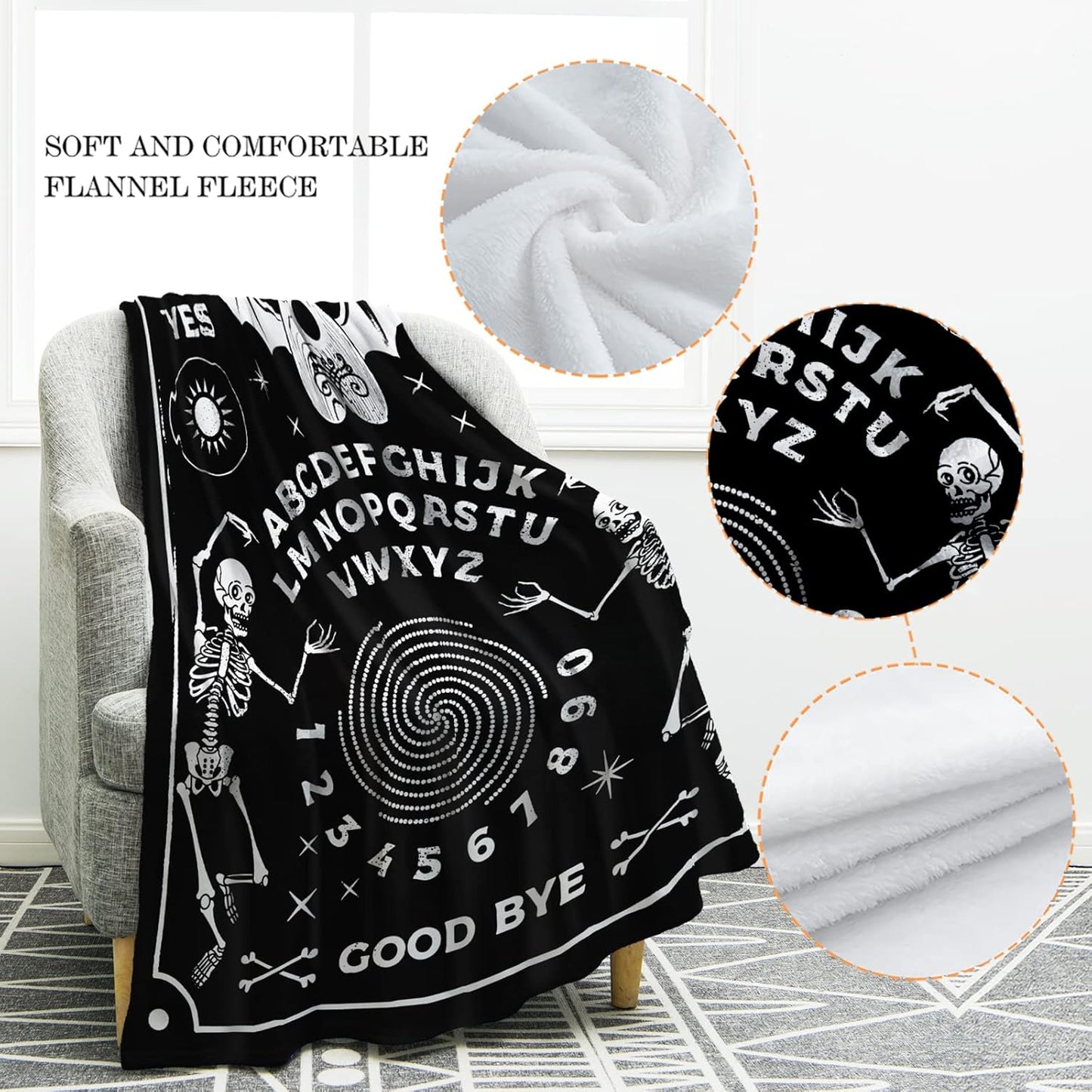 Jekeno Ouija Board Blanket Gifts for Women Men Kids Girls Mom Dad Halloween Mother's Day Father's Day Presents Home Bedroom Sun Moon Skeleton Skull Bat Decor Soft Cozy Throw Blankets Black 50"x60"